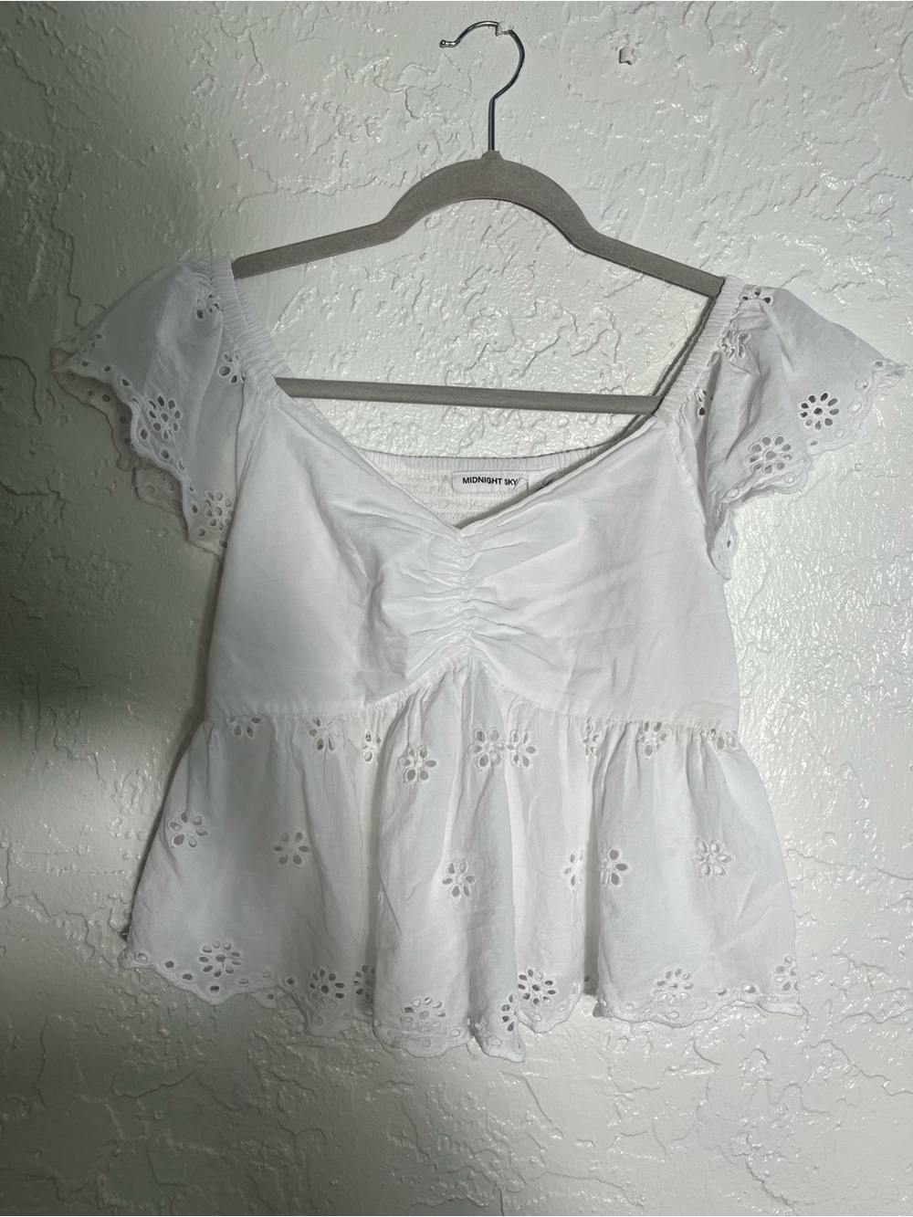 Midnight Sky White Cotton Eyelet Top Small Peplum Babydoll Cottagecore